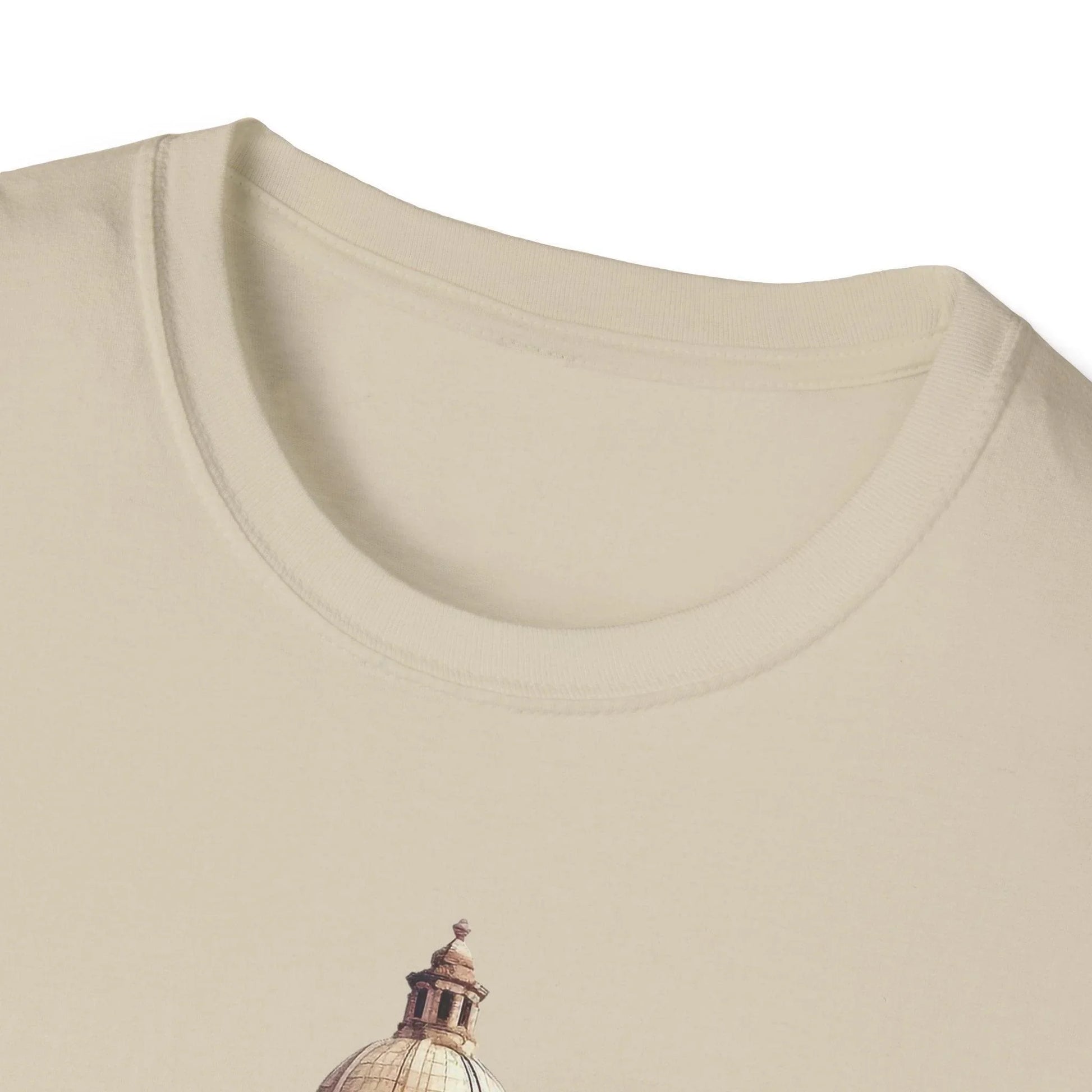 Close-up of the unisex softstyle fabric label featuring the “Ancient Bldg 6” logo sewn onto the relaxed fit, heather gray