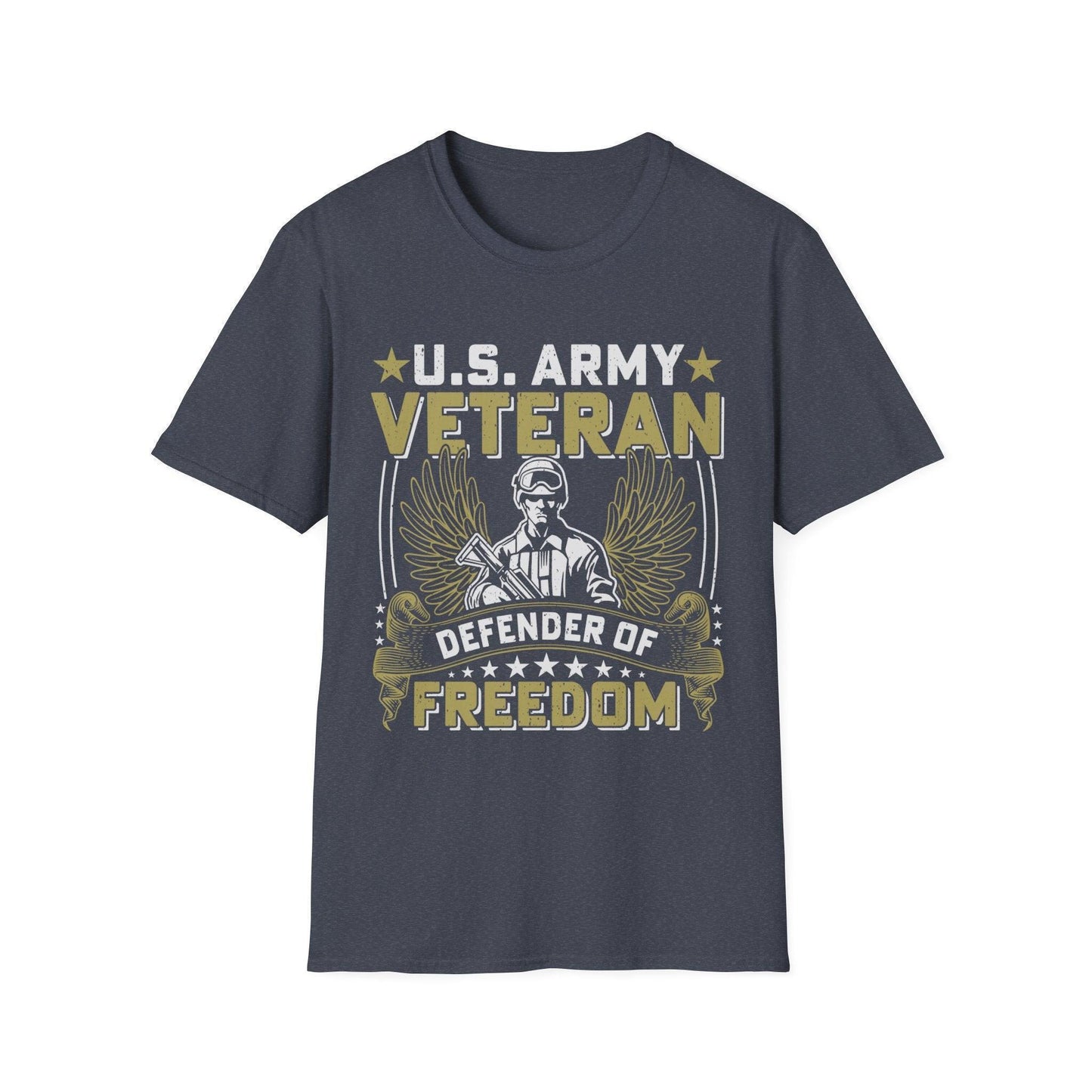 Close-up of the Army "Defender of Freedom" unisex softstyle T-shirt neckline showing reinforced stitching and smooth fabric