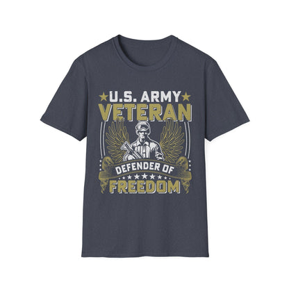 Close-up of the Army "Defender of Freedom" unisex softstyle T-shirt neckline showing reinforced stitching and smooth fabric