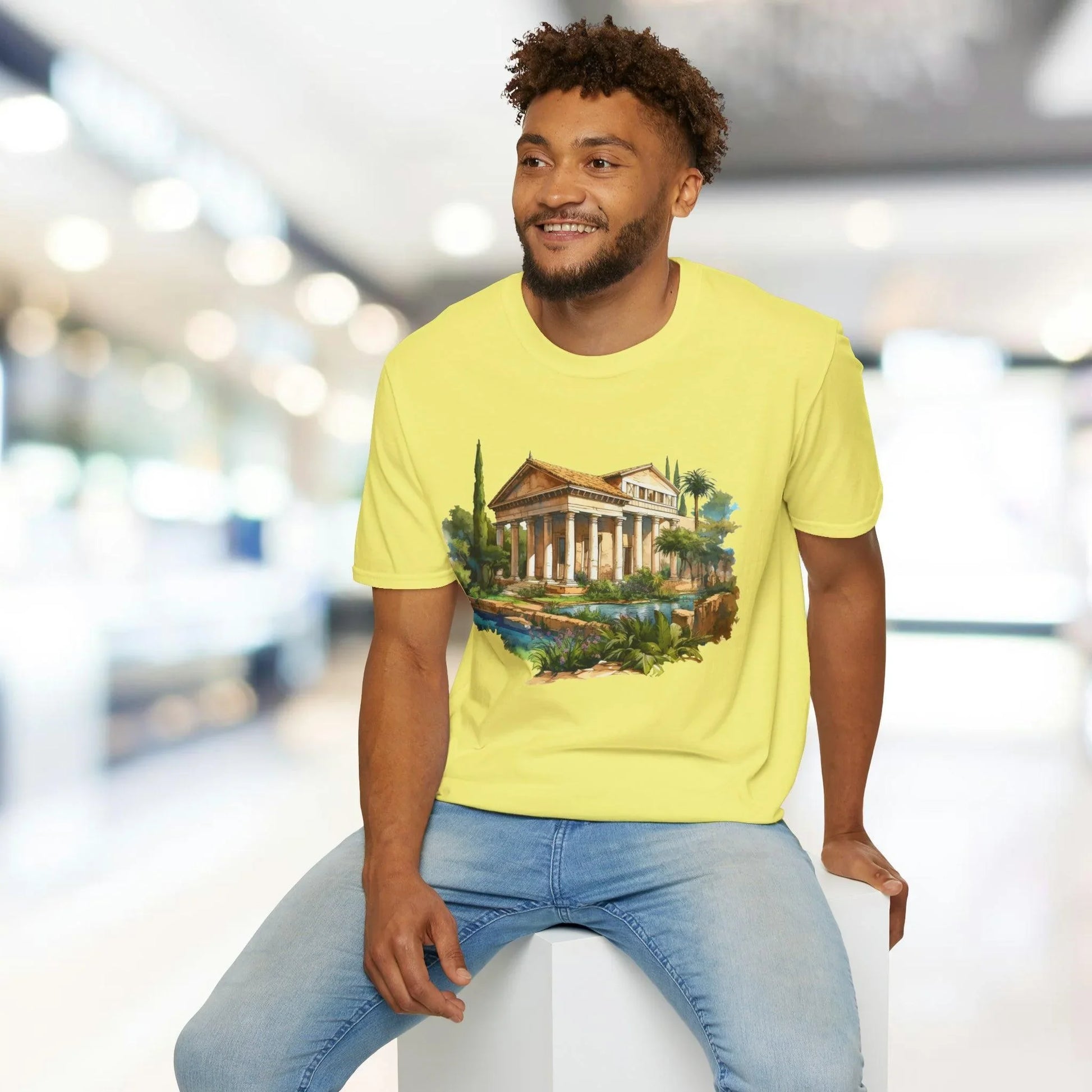 Close-up of the unisex softstyle T-shirt’s fabric weave highlighting the heathered charcoal color and relaxed fit collar at