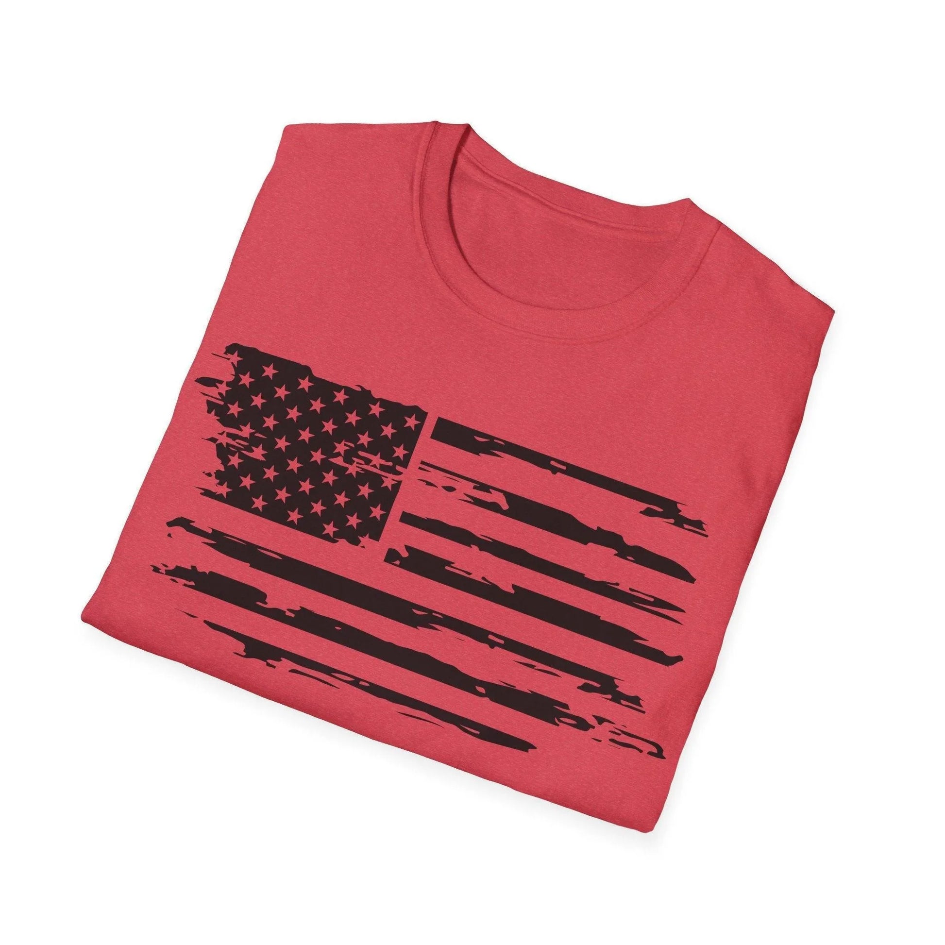 Close-up of distressed black-and-white American flag pattern on fabric, highlighting textured vintage print on relaxed fit