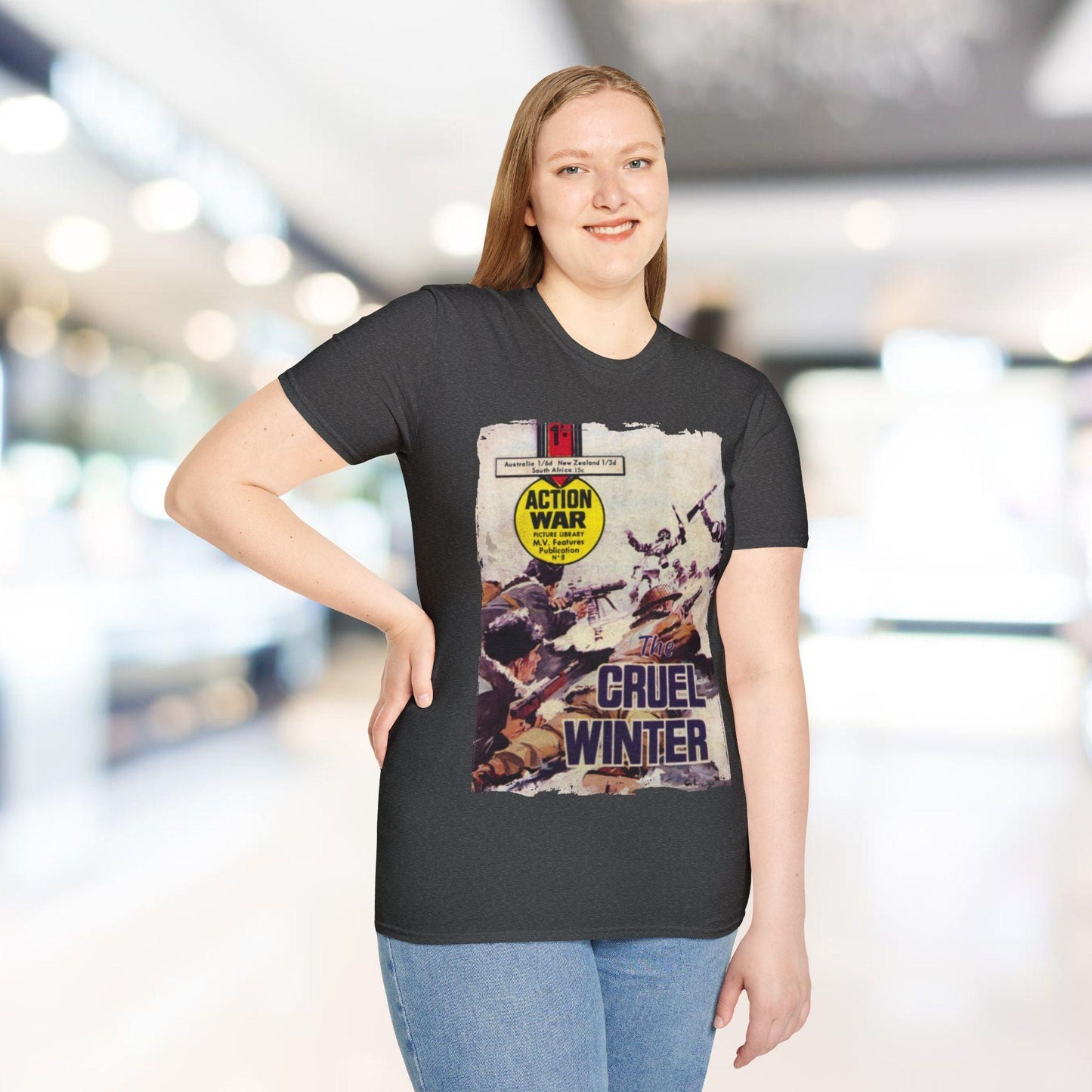 Close-up of the unisex softstyle fabric label sewn into the hem, highlighting the smooth, relaxed fit and durable stitching