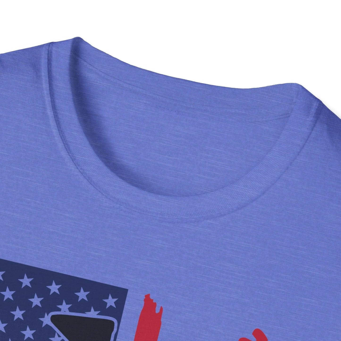 Close-up of distressed American flag pattern on soft 100% cotton fabric, highlighting vibrant colors and frayed edges on