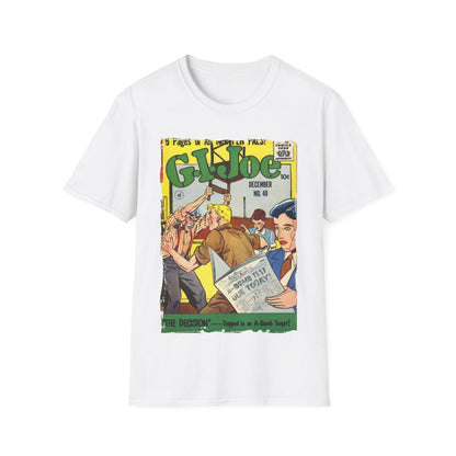 Close-up of the G.I. Joe No.48 unisex softstyle T-shirt’s relaxed fit tag sewn into the light gray cotton fabric neckline.