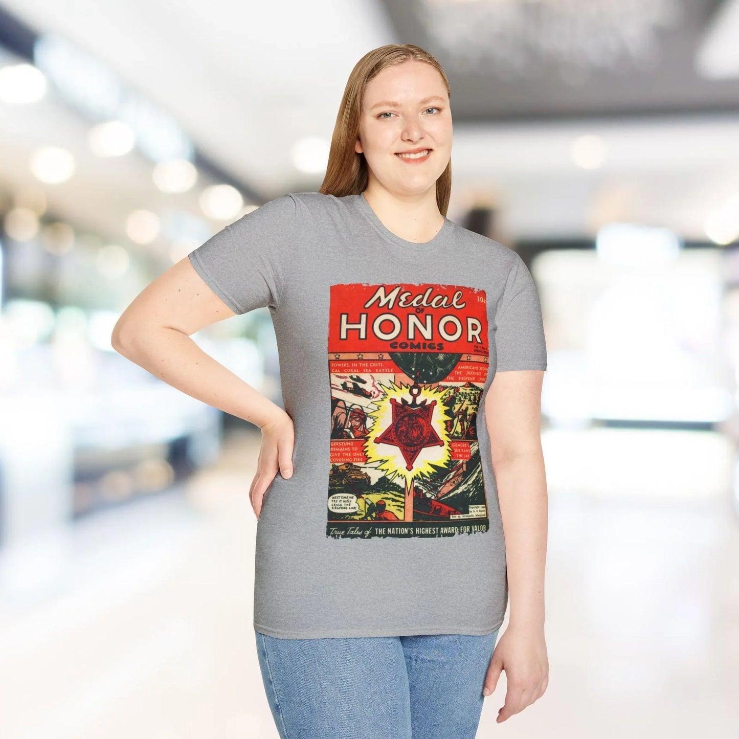 Close-up of the navy blue softstyle cotton T-shirt's neckline and shoulder seam highlighting precise stitching and smooth