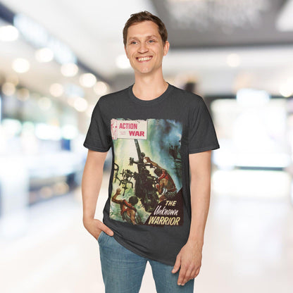 Close-up of the unisex softstyle fabric texture in vibrant black, highlighting the smooth matte finish and subtle weave