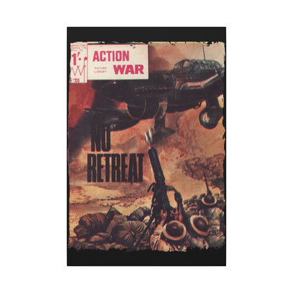 Close-up of the textured canvas surface highlighting the hand-painted comic book artwork and vibrant color details on Action