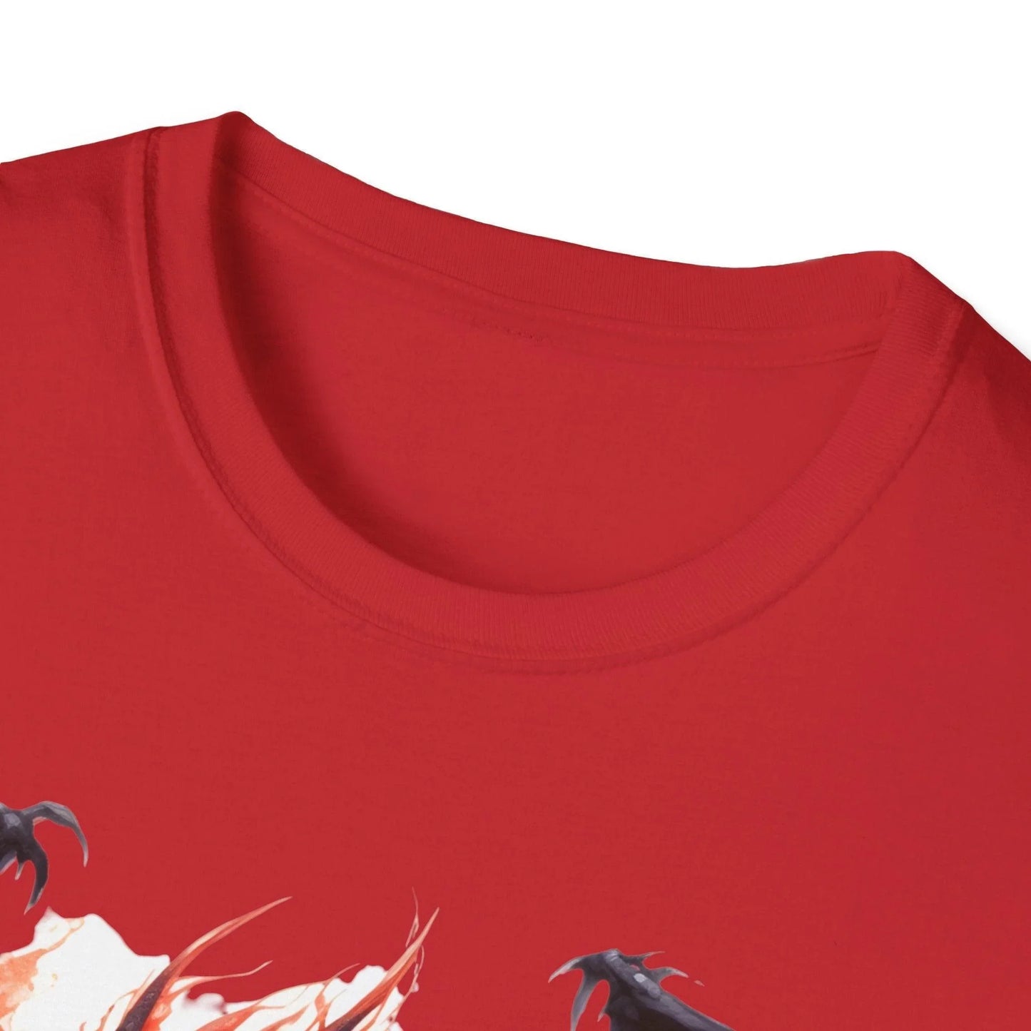 Close-up of the unisex softstyle T-shirt collar showing reinforced neckline stitching and subtle dragon graphic detail at