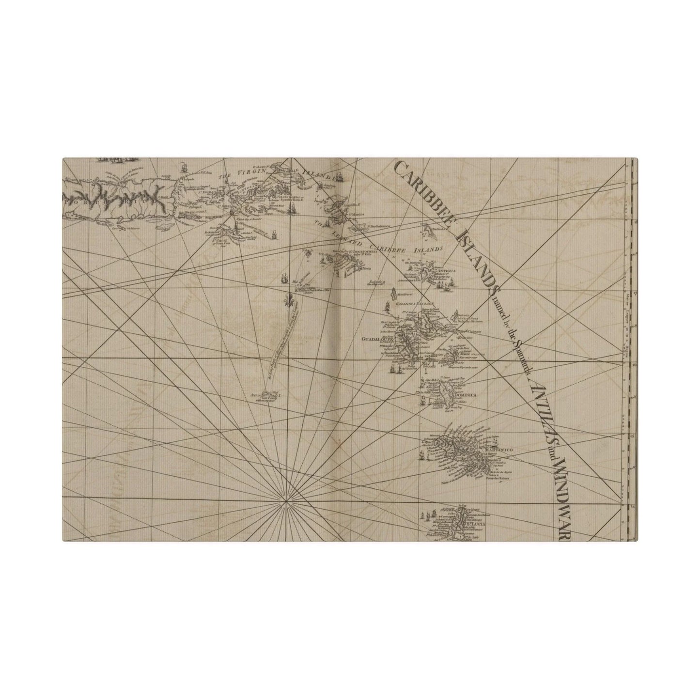 Close-up of the textured canvas surface featuring detailed map illustrations of Caribbee Island and Virgin Islands with