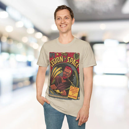 Close-up of the Legion of Space No.3 T-shirt’s back neckline label on relaxed fit, showing cotton blend fabric and clean