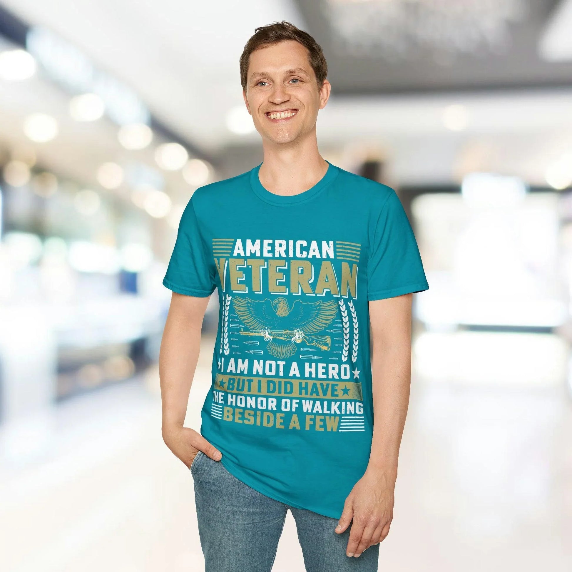 Close-up of the unisex softstyle T-shirt's neckline and shoulder seam in Heather Gray, highlighting smooth fabric and