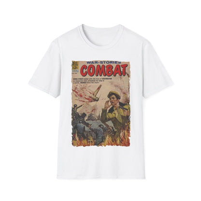 Close-up of the Combat Mar 1963 unisex softstyle T-shirt’s neckline and stitching detail in charcoal gray fabric.