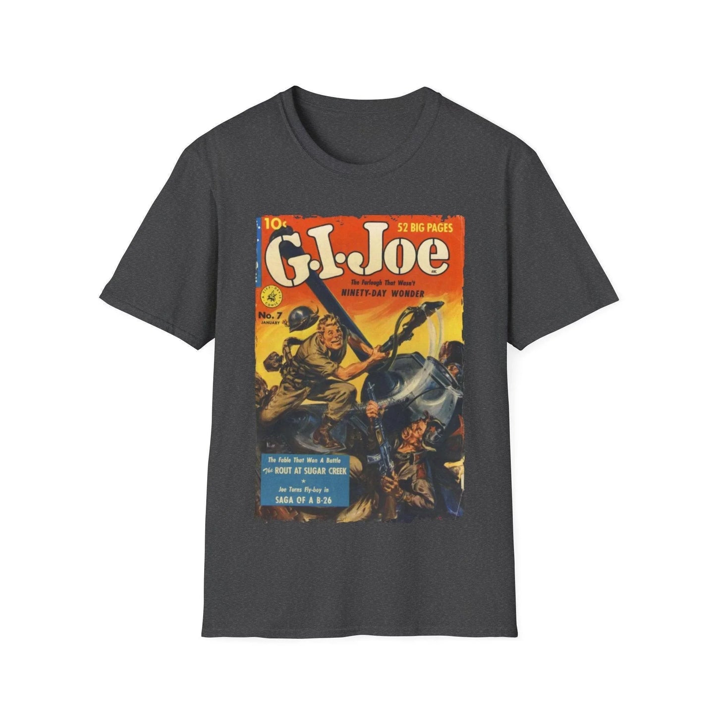 Close-up of the G.I. Joe No.7 T-shirt neckline showing the sewn-in label on soft turquoise cotton fabric with subtle