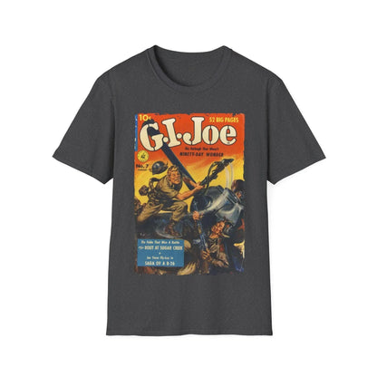 Close-up of the G.I. Joe No.7 T-shirt neckline showing the sewn-in label on soft turquoise cotton fabric with subtle