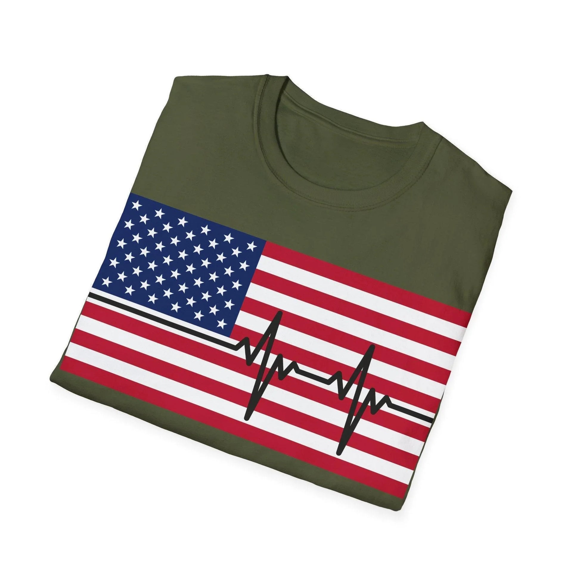 Close-up of the American flag heartbeat graphic with vibrant red, white, and blue colors on the soft cotton fabric of the