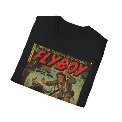 Close-up of the Flyboy No.1 unisex softstyle T-shirt's vibrant navy fabric emphasizing the smooth cotton blend and fine