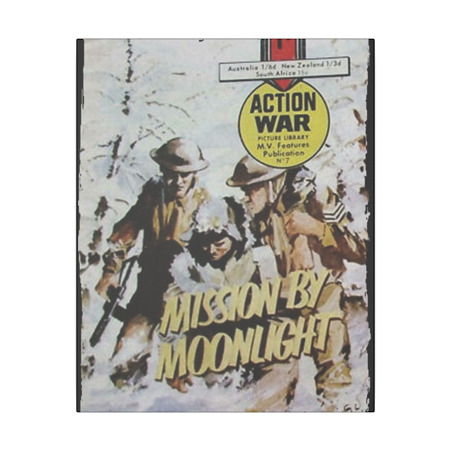 Close-up of the textured canvas surface revealing fine brushstroke details and the vibrant color application of Action War