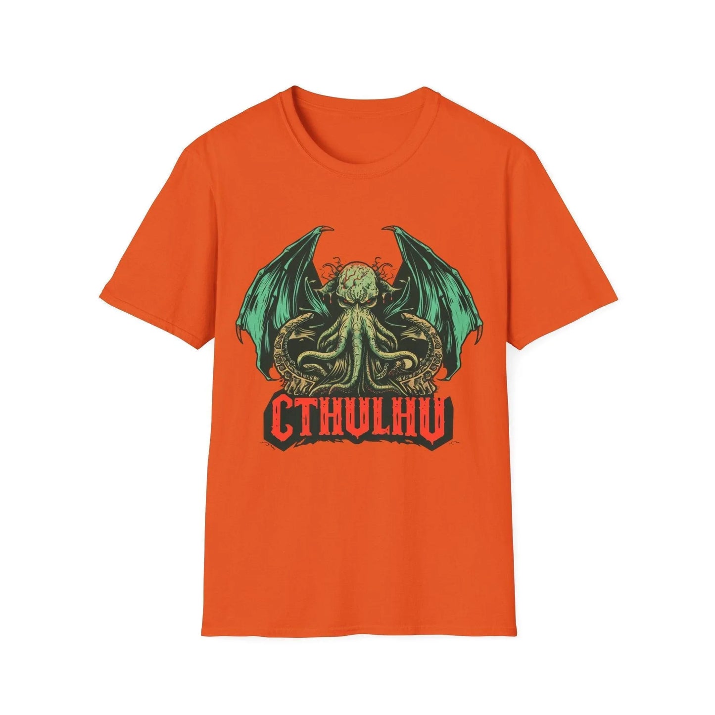 Close-up of Cthulhu graphic print on the chest of the unisex heather gray Softstyle T-Shirt, highlighting intricate line art