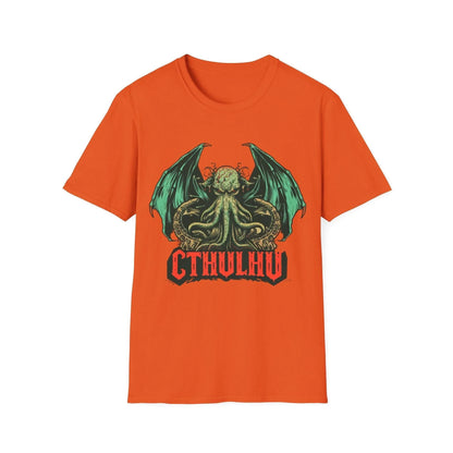 Close-up of Cthulhu graphic print on the chest of the unisex heather gray Softstyle T-Shirt, highlighting intricate line art