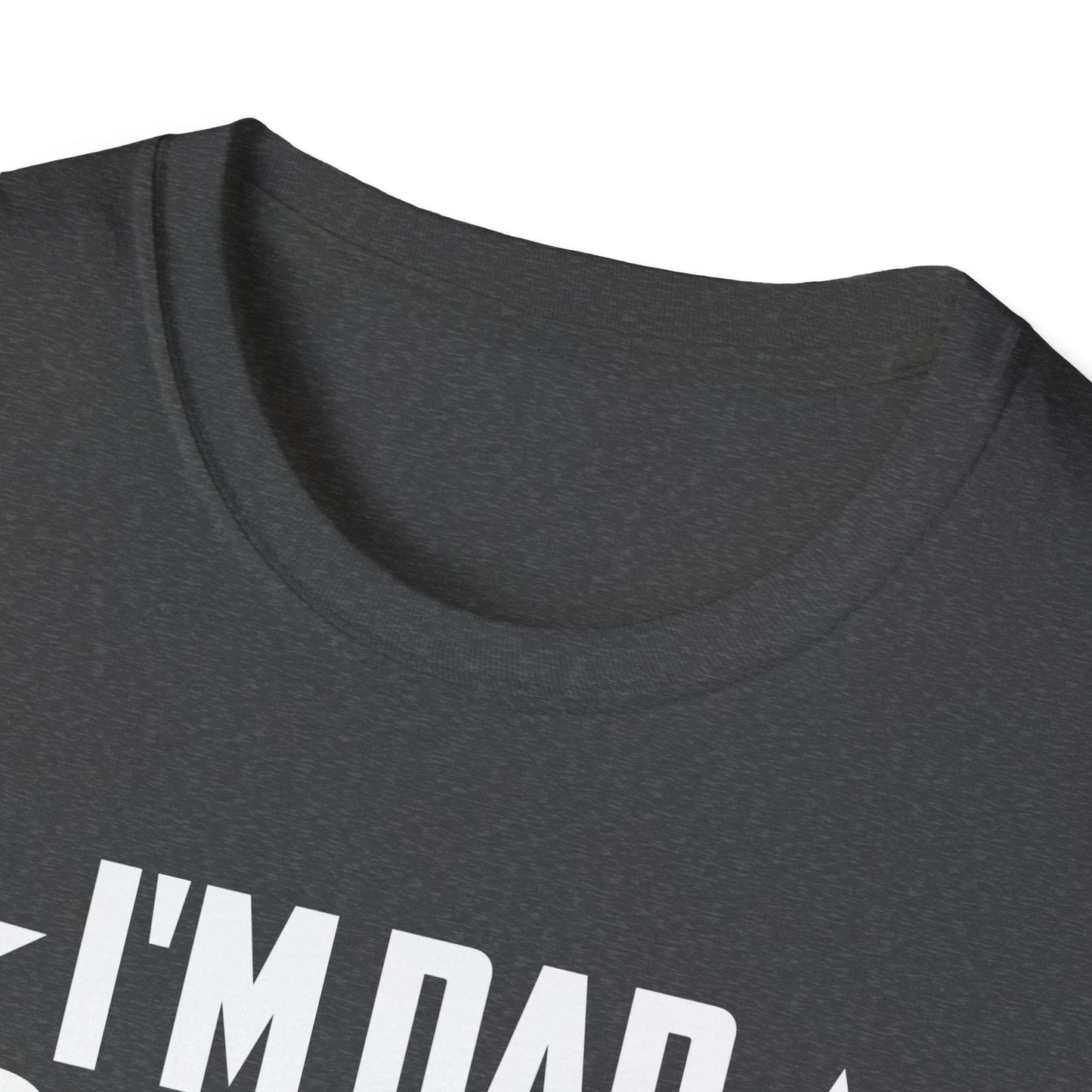 Close-up of the comfortable heather gray fabric and subtle stitched neckline on the relaxed fit t-shirt from a slightly