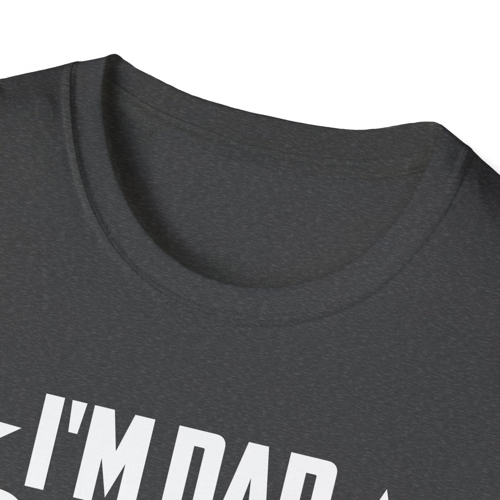 Close-up of the comfortable heather gray fabric and subtle stitched neckline on the relaxed fit t-shirt from a slightly