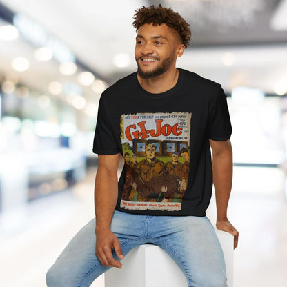 Close-up of the G.I. Joe No.49 unisex softstyle T-shirt's collar stitching and smooth fabric edge from a top-down angle