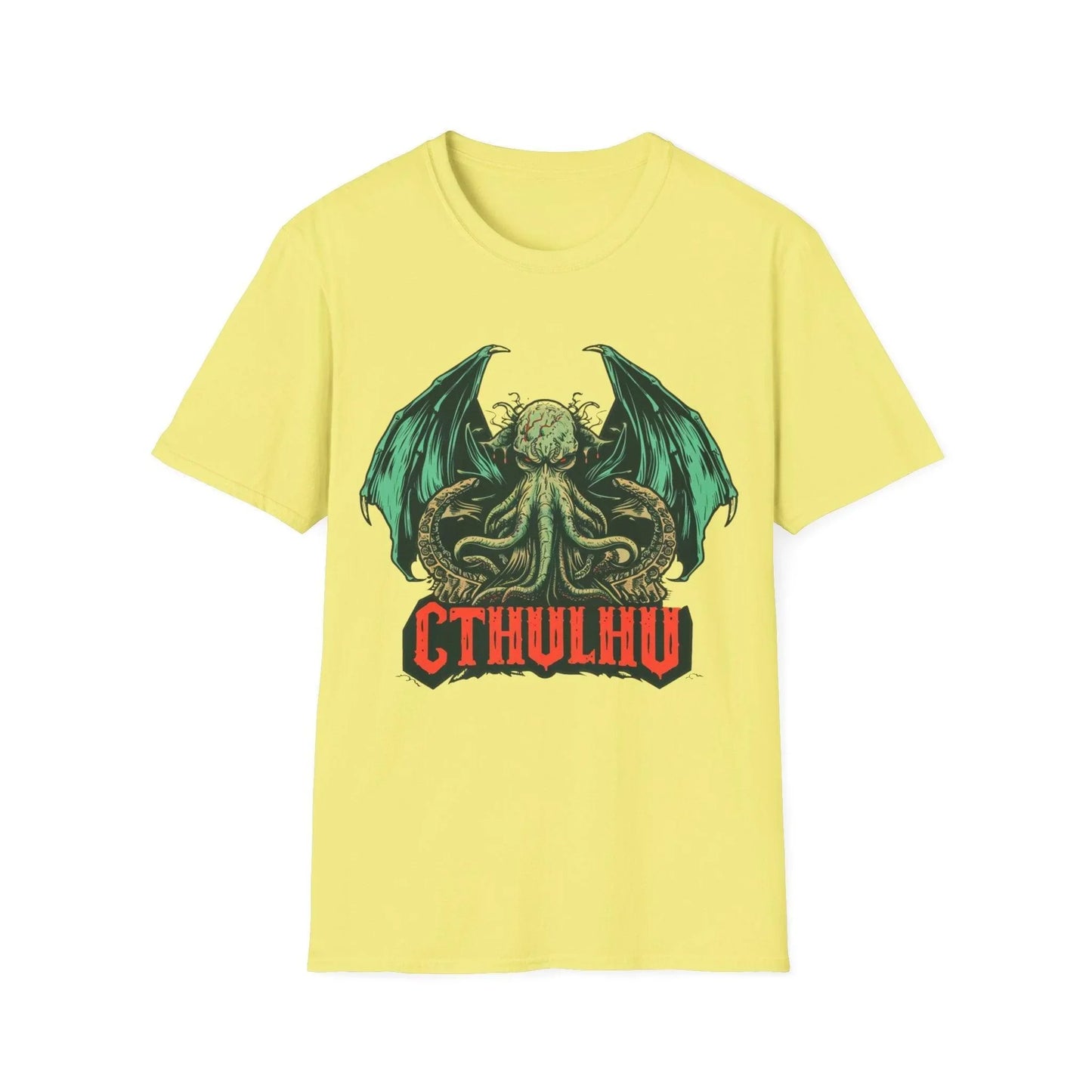 Close-up of the Cthulhu graphic embroidery on the chest, showcasing intricate teal and purple detailing on the black unisex