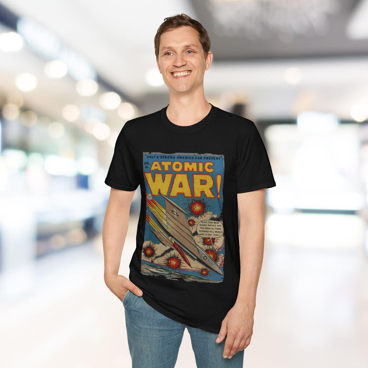 Close-up of the Atomic War! No 4 unisex softstyle T-shirt fabric weave highlighting the vibrant camouflage pattern on the