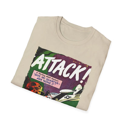 Close-up of the Attack! No. 5 unisex softstyle T-shirt's textured fabric weave and contrasting black crew neckline from a