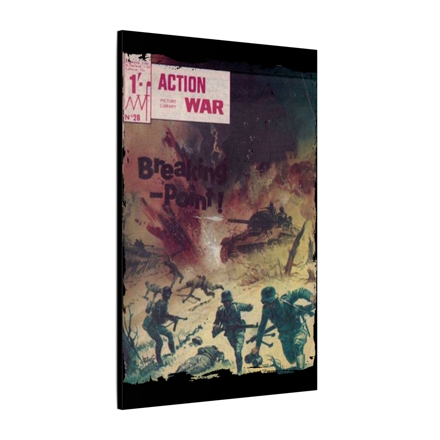 Close-up of the textured canvas surface highlighting subtle brushstroke details and matte finish on the Action War #28 print.
