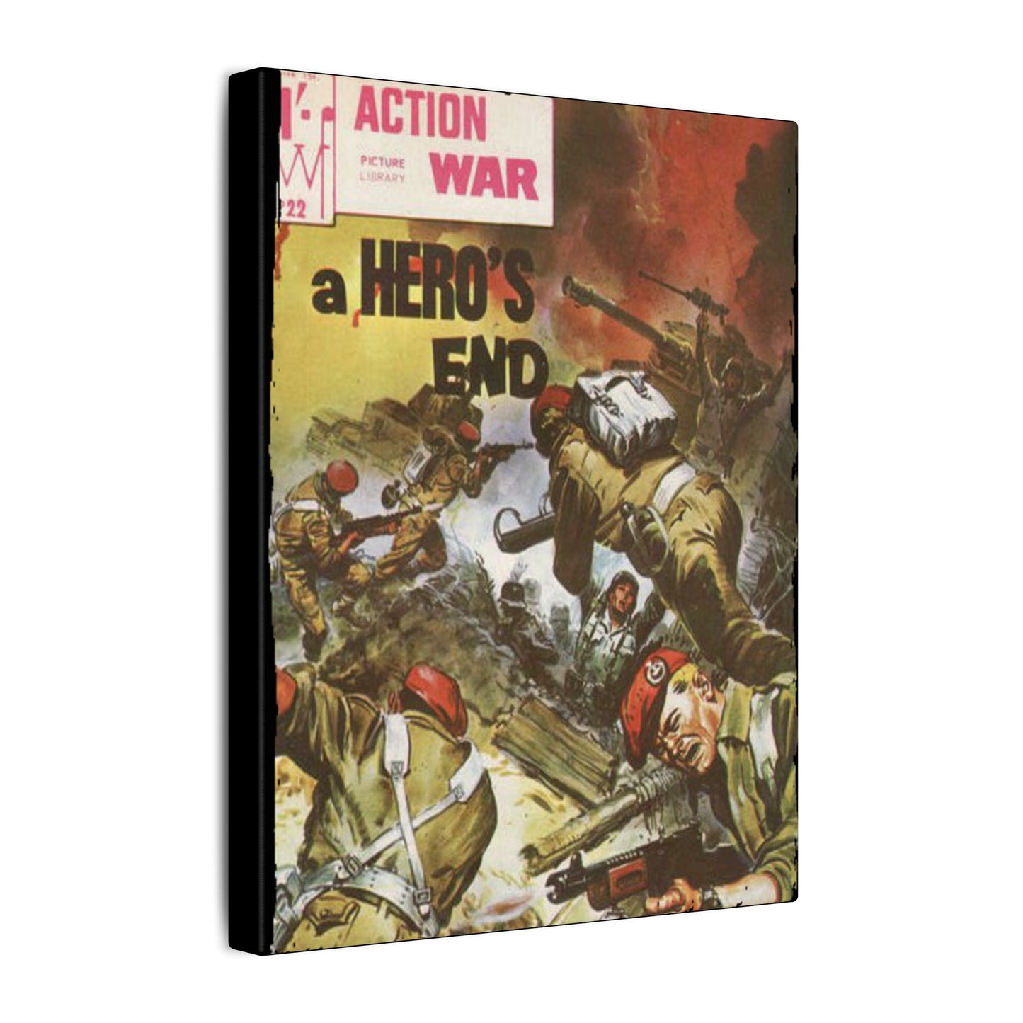 Close-up of the canvas texture highlighting vibrant comic book print details and bold color accents on the Action War #22