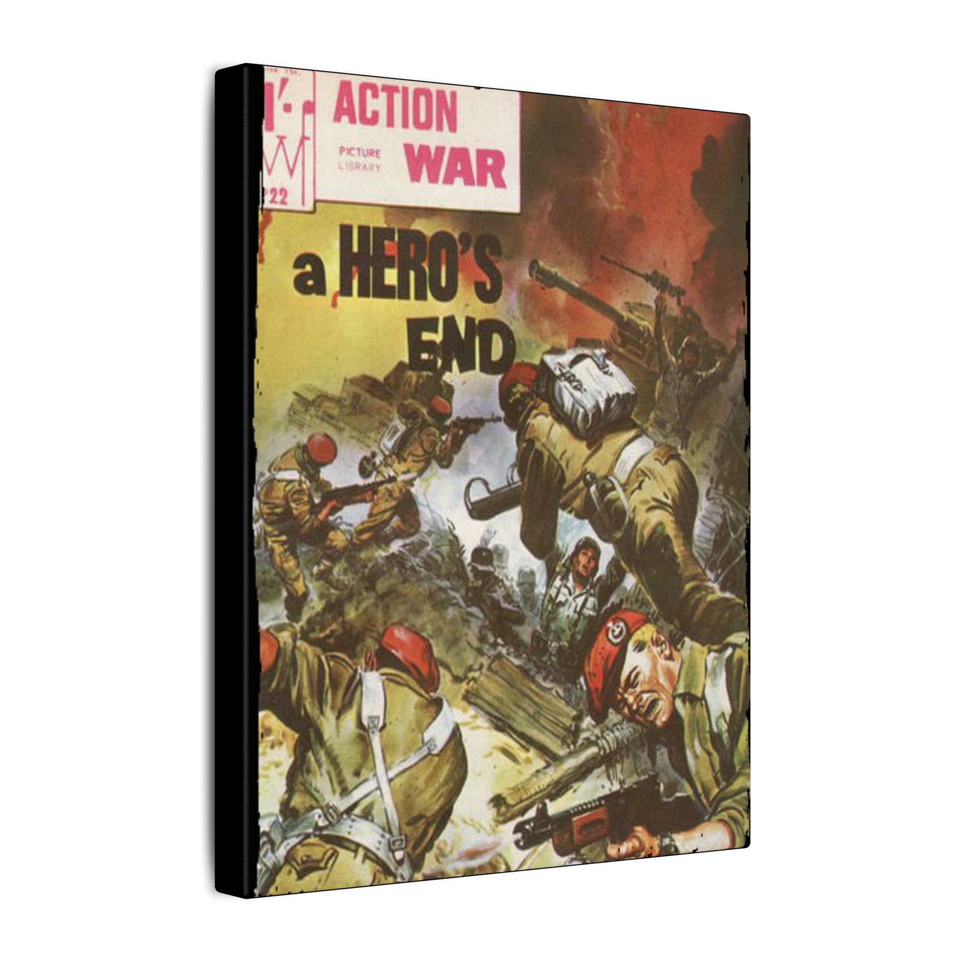 Close-up of the canvas texture highlighting vibrant comic book print details and bold color accents on the Action War #22