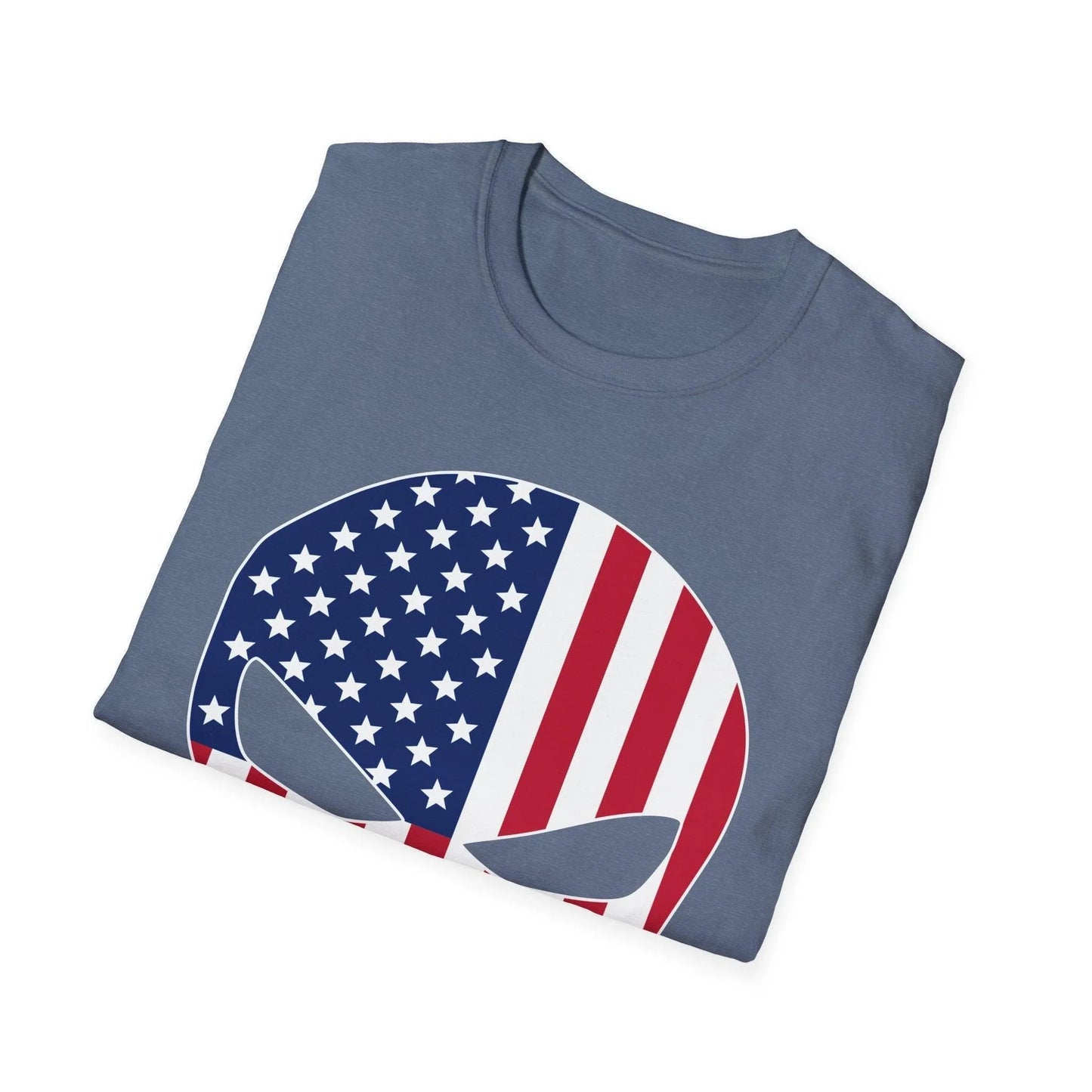 Close-up of the American Skull Flag graphic detail on the front chest area of the relaxed fit, black softstyle cotton