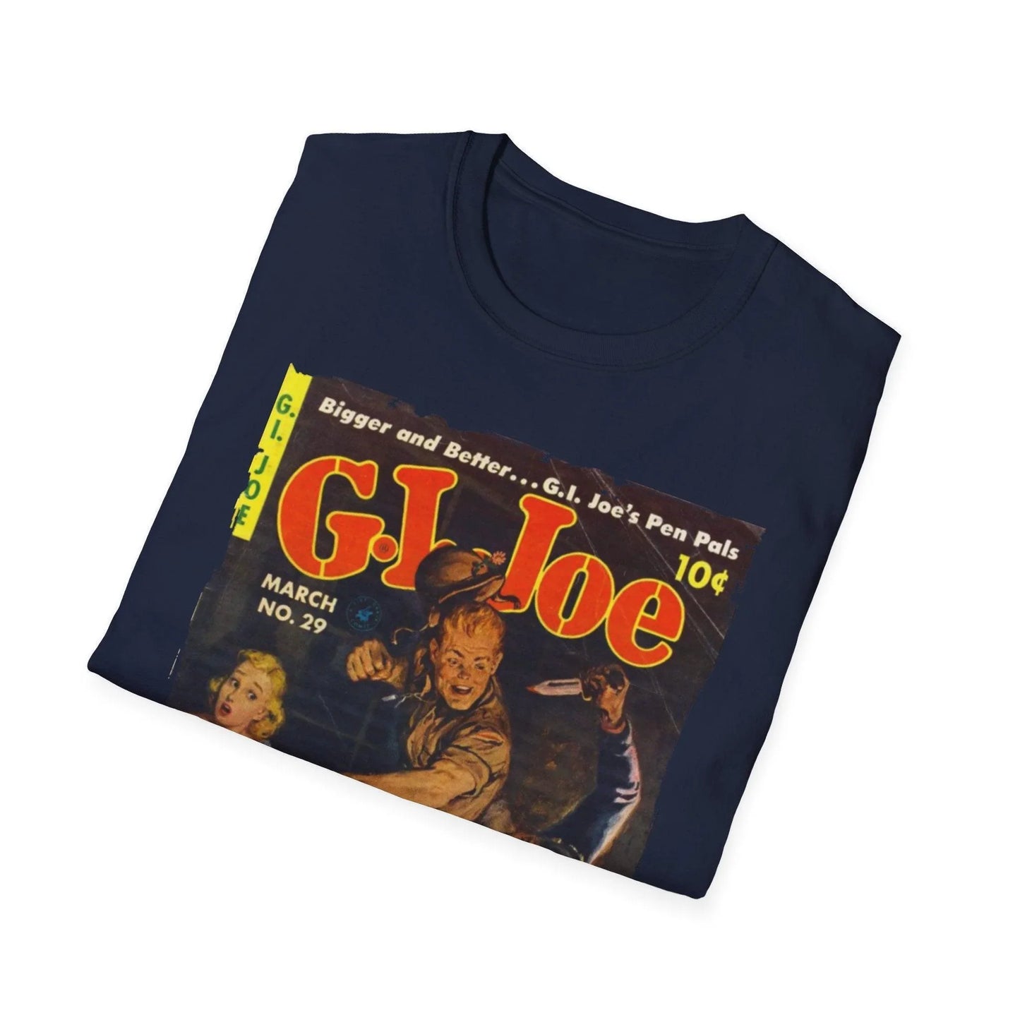 Close-up of the G.I. Joe No.29 T-shirt chest graphic featuring bold black lettering on soft heather gray fabric with a crew
