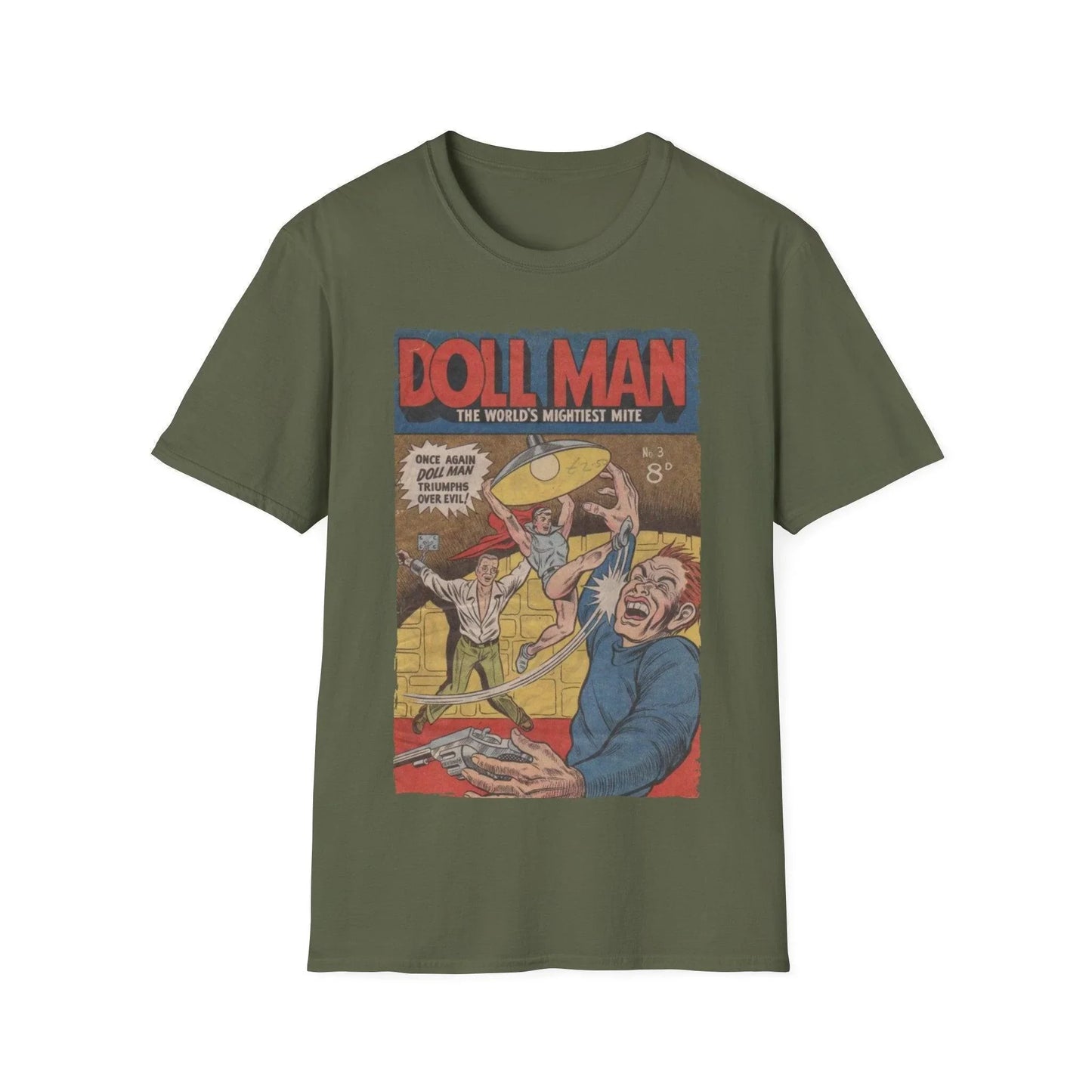 Close-up of the Doll Man No.3 T-shirt neckline featuring reinforced stitching and a soft heather gray fabric texture from a