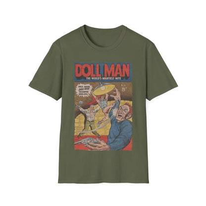 Close-up of the Doll Man No.3 T-shirt neckline featuring reinforced stitching and a soft heather gray fabric texture from a