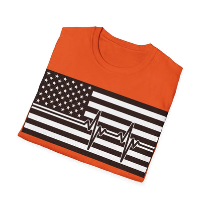 Close-up of black and white heartbeat American flag heart graphic on fabric, highlighting the smooth cotton material and