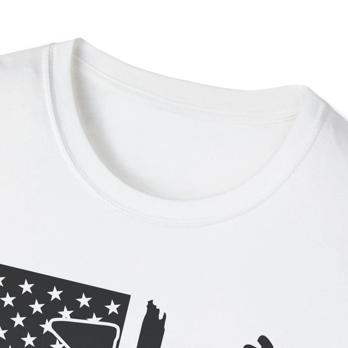 Close-up of distressed black and white American flag print on soft cotton fabric, highlighting the authentic weathered