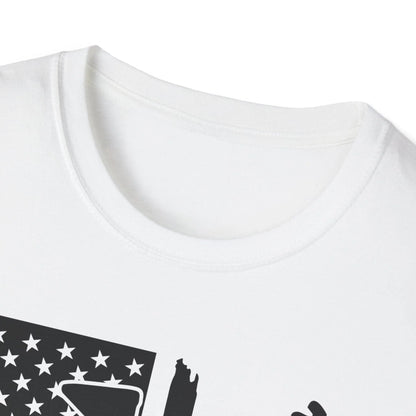 Close-up of distressed black and white American flag print on soft cotton fabric, highlighting the authentic weathered