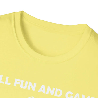 Close-up of the White All Fun and Games unisex softstyle T-shirt's collar showing subtle stitching and fabric texture from