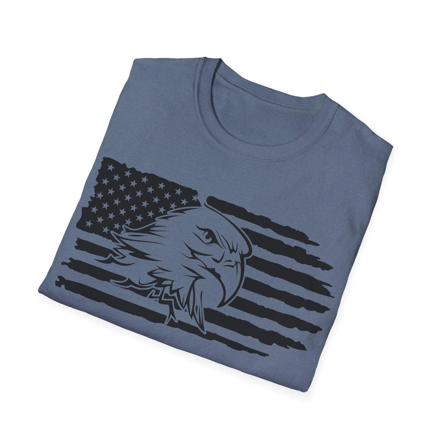 Close-up of distressed American flag print and eagle detail on black fabric near sleeve hem showing textured design and