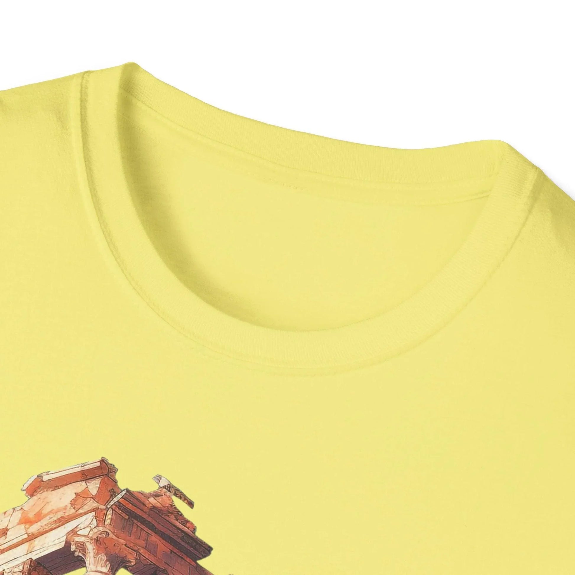 Close-up of the unisex softstyle T-shirt's front collar revealing reinforced stitching and smooth seam detailing in heather