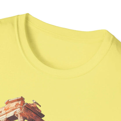 Close-up of the unisex softstyle T-shirt's front collar revealing reinforced stitching and smooth seam detailing in heather