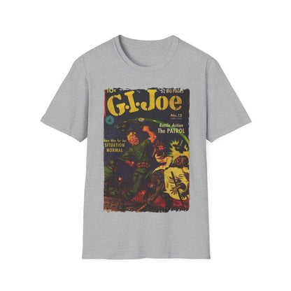 Close-up of the G.I. Joe No.12 unisex softstyle T-shirt’s navy blue fabric showcasing smooth texture and reinforced collar