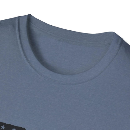 Close-up of the black-and-white American flag graphic on the front chest of the unisex softstyle t-shirt with a crew