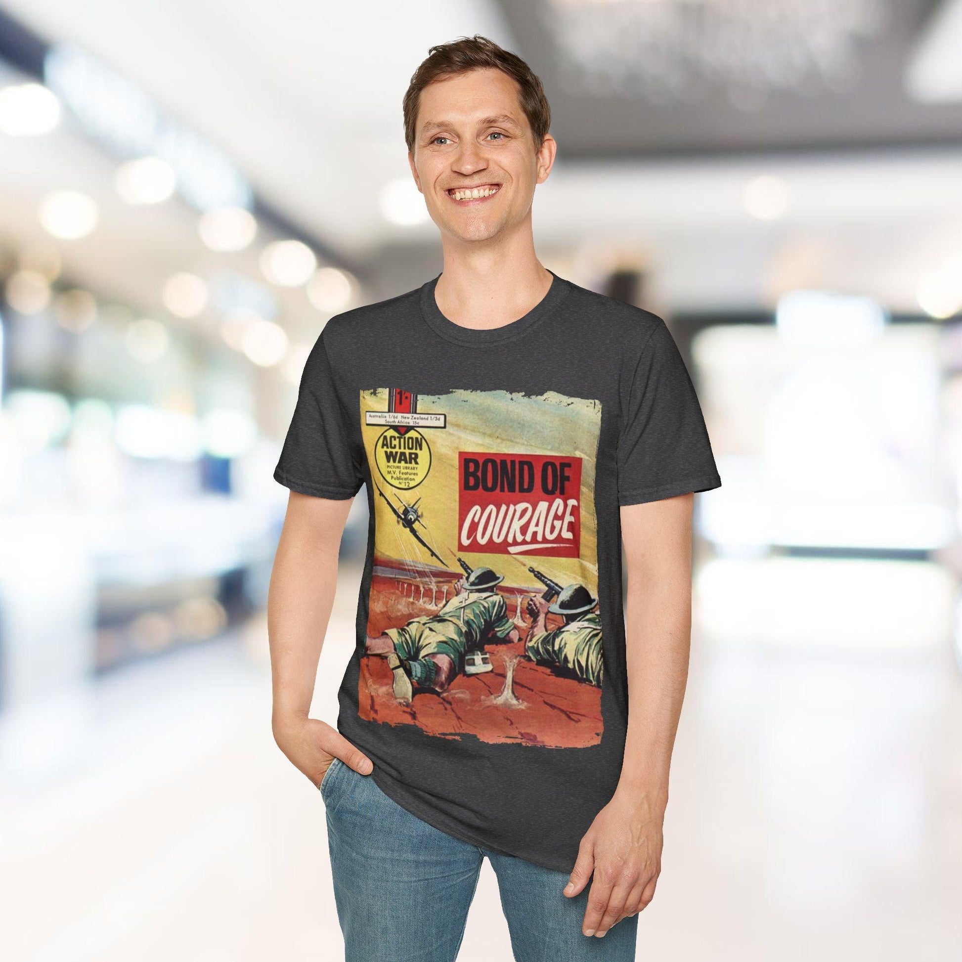 Close-up of the unisex softstyle T-shirt's fabric texture showing smooth, relaxed fit in navy with a subtle heather pattern