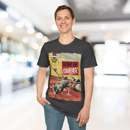 Close-up of the unisex softstyle T-shirt's fabric texture showing smooth, relaxed fit in navy with a subtle heather pattern