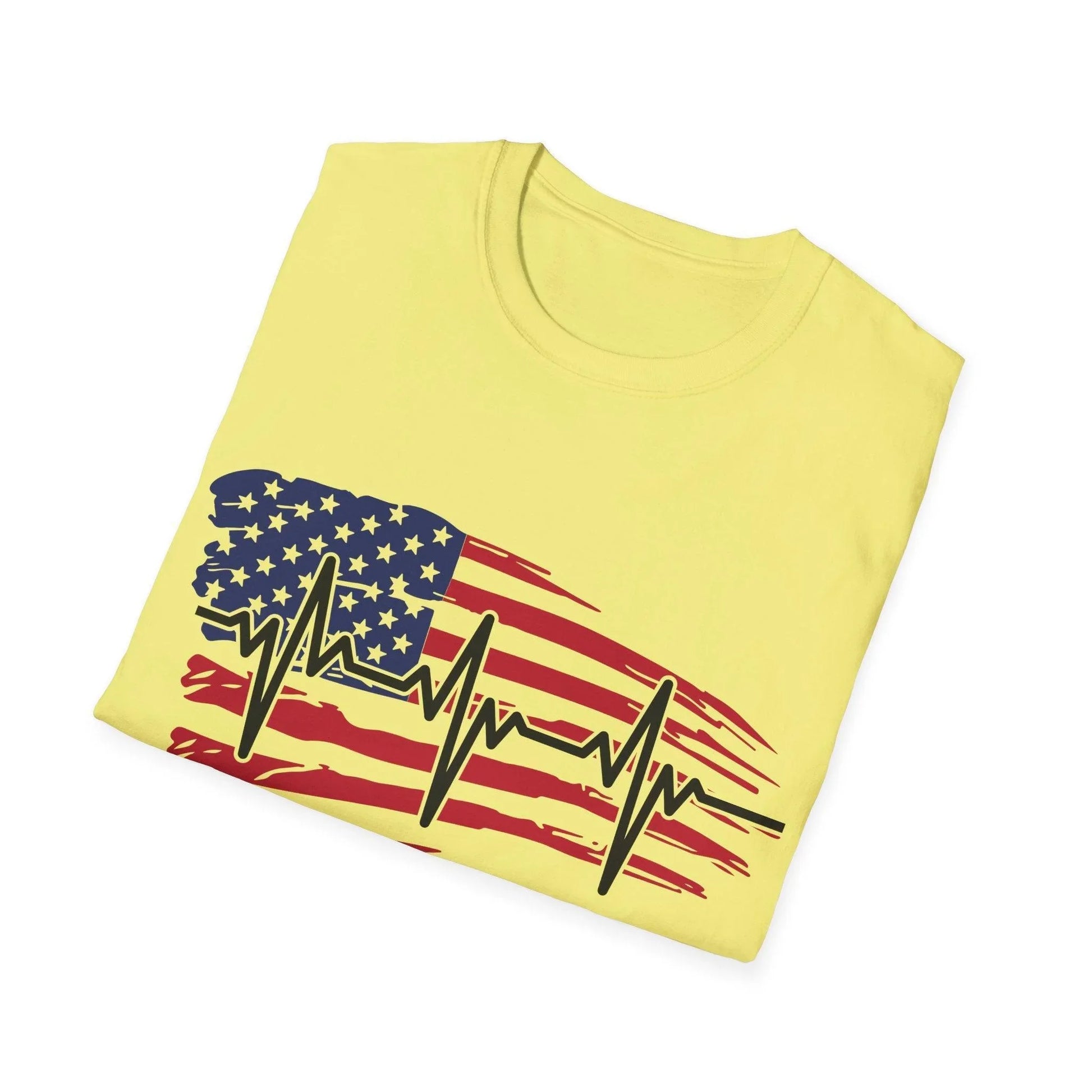 Close-up of distressed flag heartbeat graphic printed on unisex softstyle T-shirt’s front neckline area, highlighting