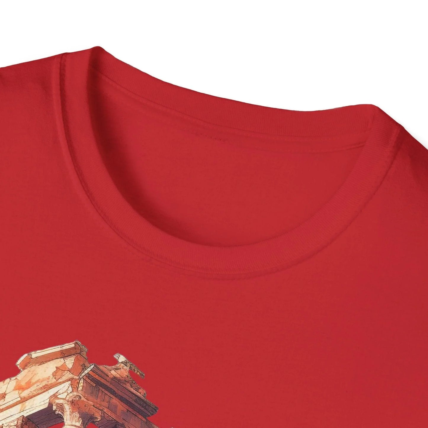 Close-up of the unisex soft-style T-shirt’s navy color fabric highlighting the smooth ribbed crew neckline from a slightly