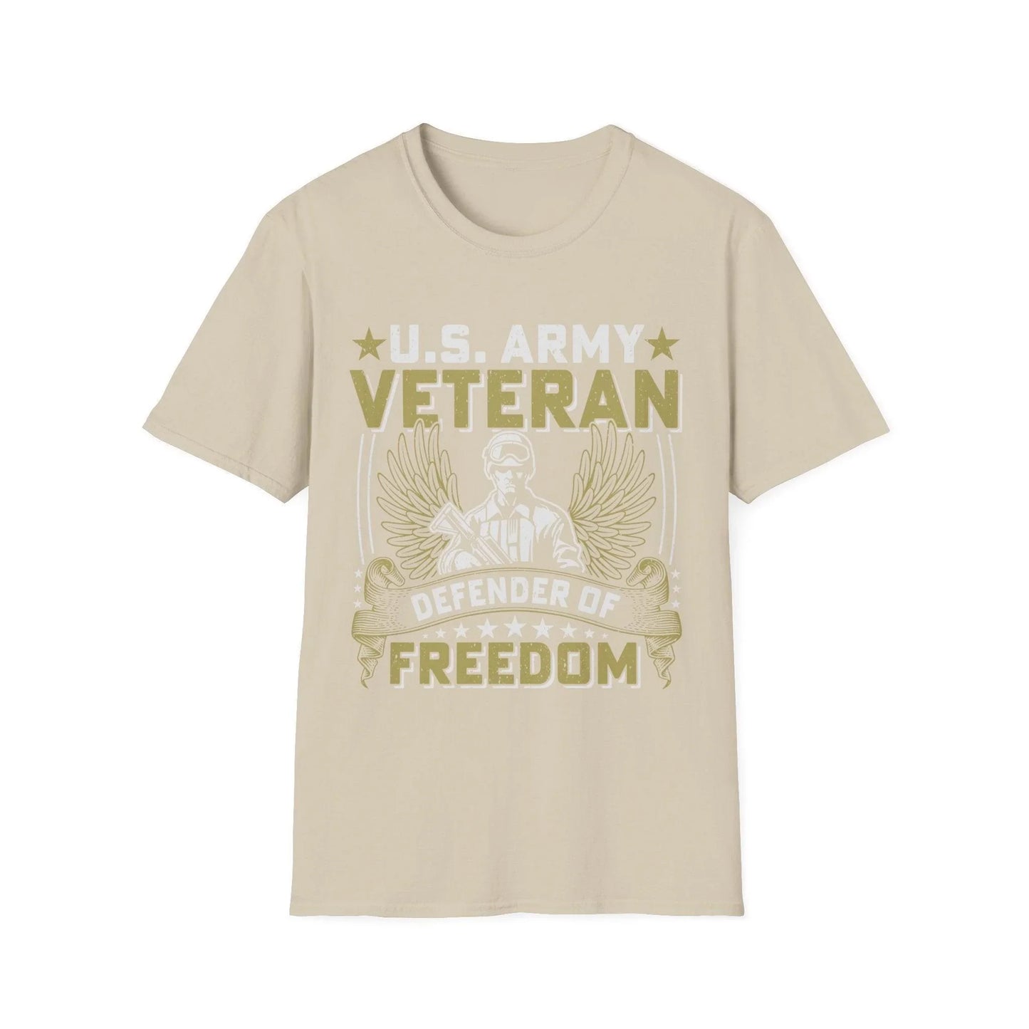 Close-up of the Army - Defender of Freedom unisex softstyle T-shirt fabric texture and reinforced neckline stitching in